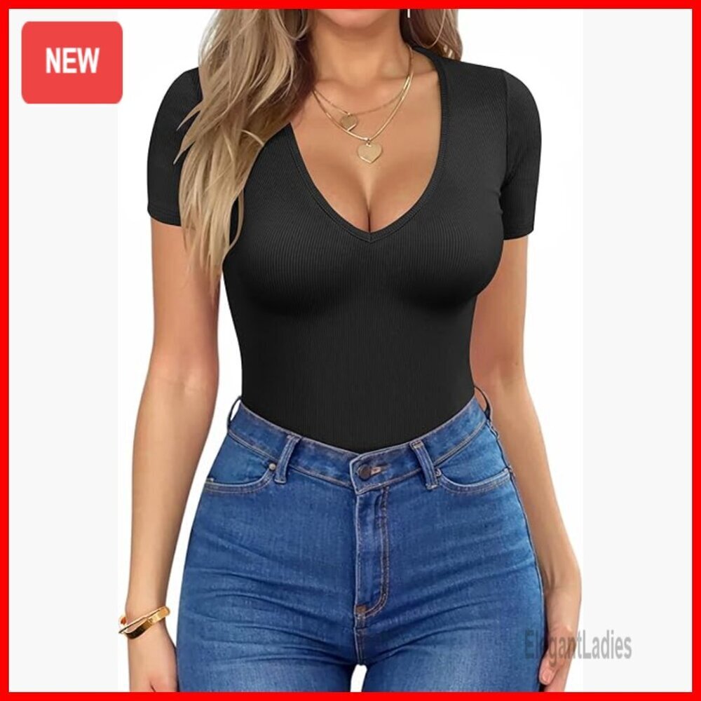 Deep V Neck Ribbed Knit Tee Slim Fit Stretchy Summer Top